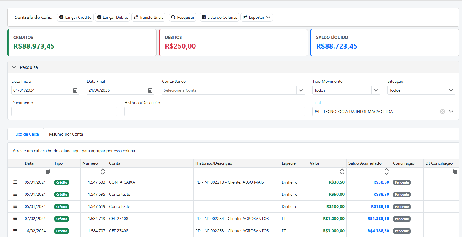 Controle de caixa e bancos